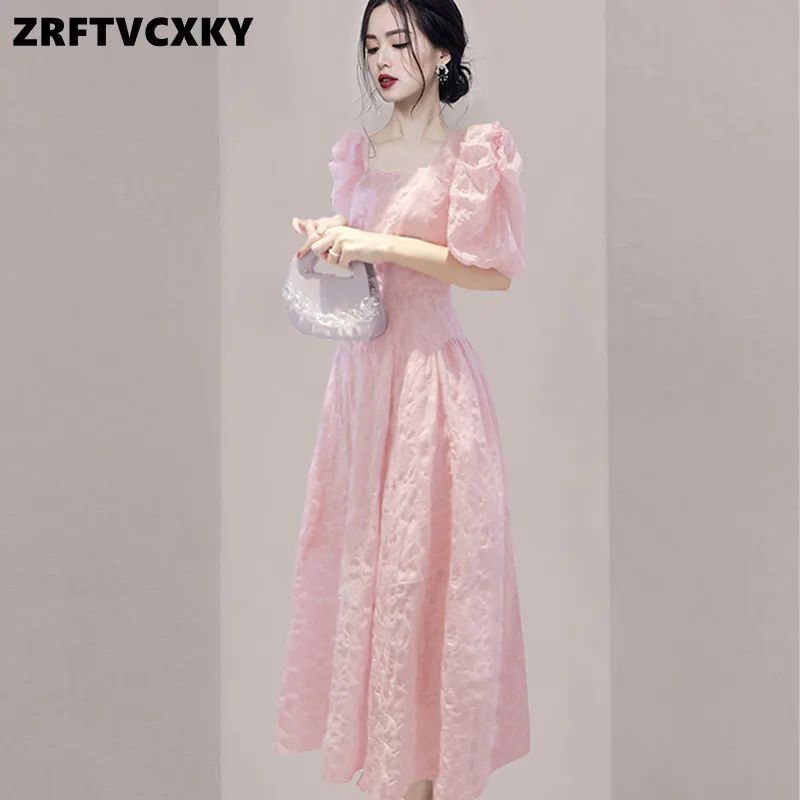 

2023 Women's Summer Sweet Pink Midi Dresses Fashion Square Neck Elegant Puff Sleeve Slim Waist A-Line Solid Party Dress Female