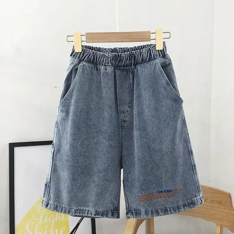 Summer New Elastic Waist Fashion Denim Shorts Women High Street Printing Cotton Pockets Patchwork Ventilate Wide Leg Trousers
