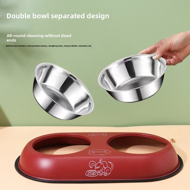 Stainless steel double bowl cartoon cat bowl anti-knock dog food basin drinking water feeder removable pet supplies 5