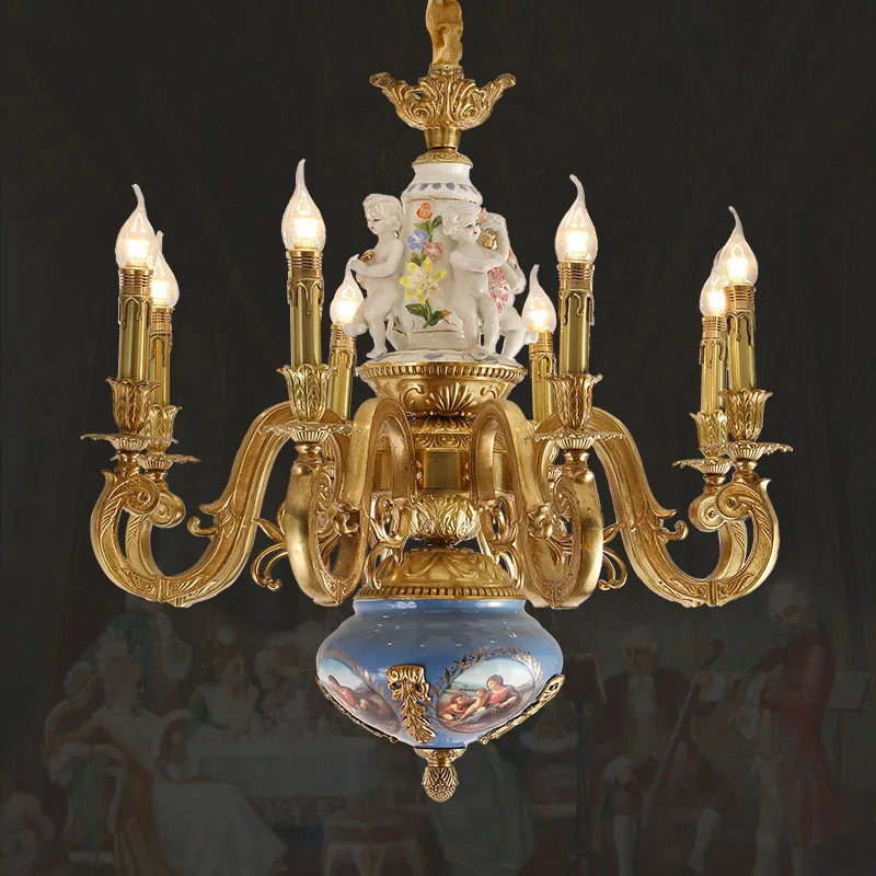 

French Vintage Brass Candle Pendant Light Interior Living Room Home Decor European Villa Led Brass Ceramics Chandelier