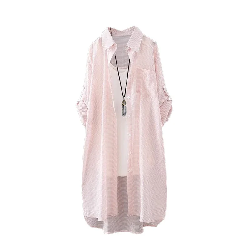 Summer Shirt Mid-length Vermicelli Striped Top Loose and Fashionable Cardigan Sunscreen Thin Jacket 5
