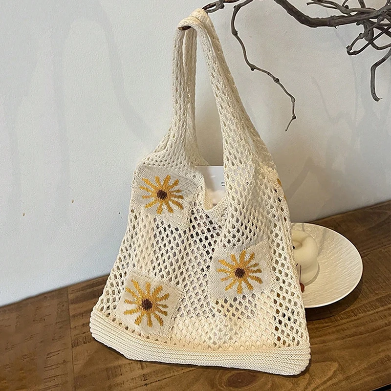 Eco-Friendly Portable Flower Mesh Net Shopping Bag Reusable Foldable Handbag Tote for Fruit Vegetable Storage Women Grocery Bag