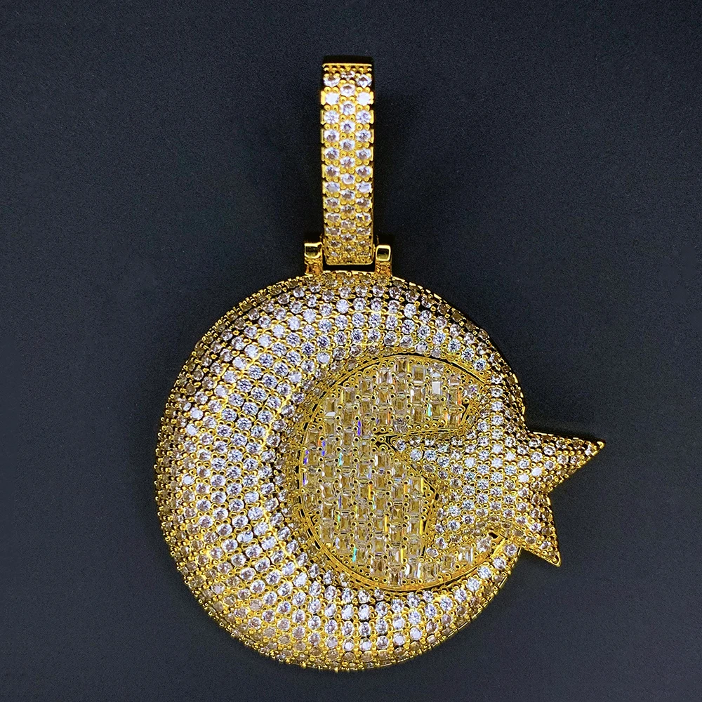 AZ Big Star Moon Iced Out Pendant Necklace For Men Women Full Bling Zircon Cuban Chain Link Hip Hop Jewelry Free Shipping 3