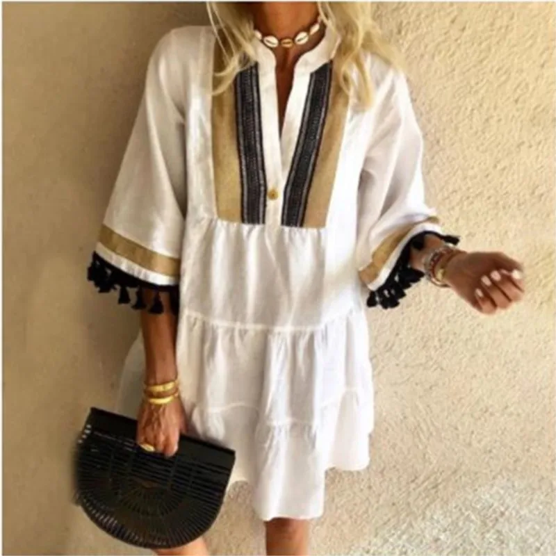 

2024 Spring/Summer New Retro Women's Wear playful and stylish printed tassel V-neck short large hem dress for women