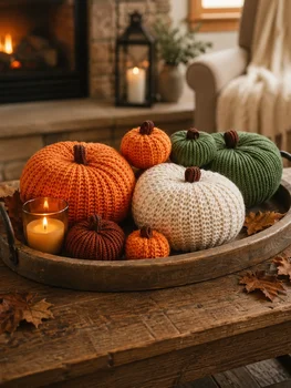 Handmade Knitted Pumpkin Decor Set Rustic Farmhouse Table Ornaments Autumn Harvest Thanksgiving Halloween Home Fireplace Decor 1