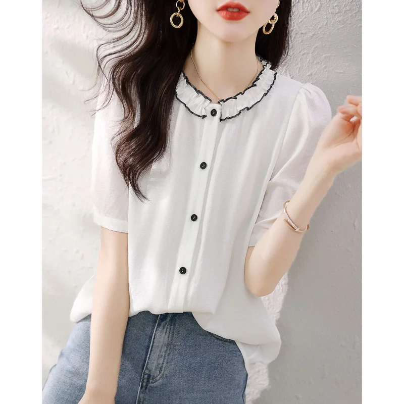 Summer Fashion Color Block Single-breasted Blouse Women Classic Short Sleeve O-collar All-match Office Casual Lady Shirt summer korean style block color patchwork maternity oversized dress short sleeve square collar high waist pregnant woman dresses