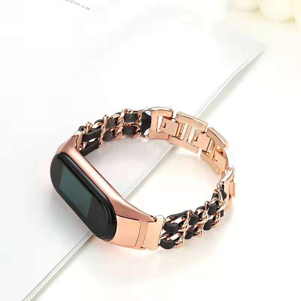 Leather Strap For Xiaomi Mi Band 8 7 6 5 4 3 Metal Link Bracelet for Mi Band 7 6 5 Stainless Steel Wristband Mi Band 6 5 4 Strap