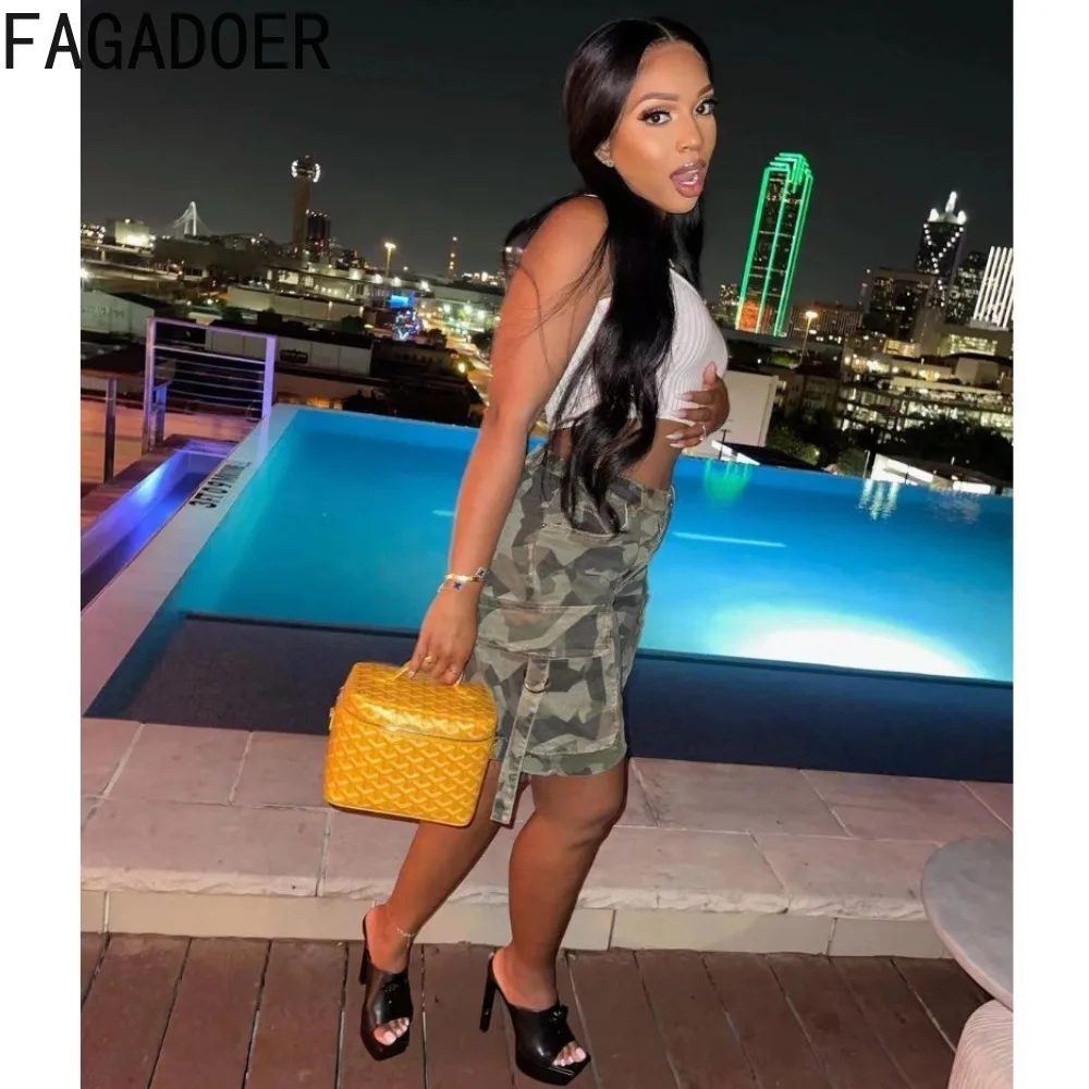 FAGADOER Summer Camouflage Printing Pocket Cargo Shorts Women High Waisted Button Straight Shorts Casual Female Sporty Bottoms