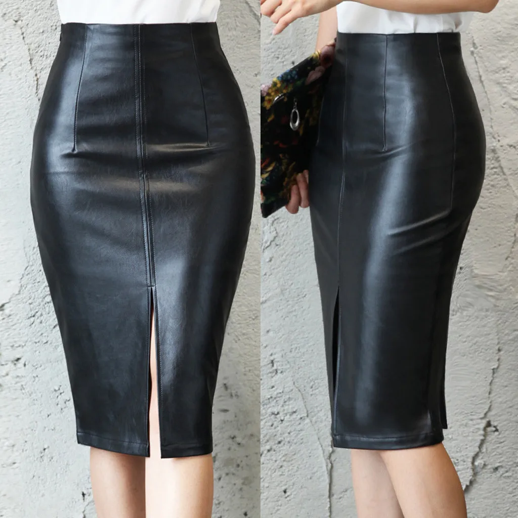 

Женская кожаная облегающая юбка-карандаш средней длины, черная привлекательная облегающая офисная юбка-карандаш до колена из искусственной кожи с высокой талией, 2024