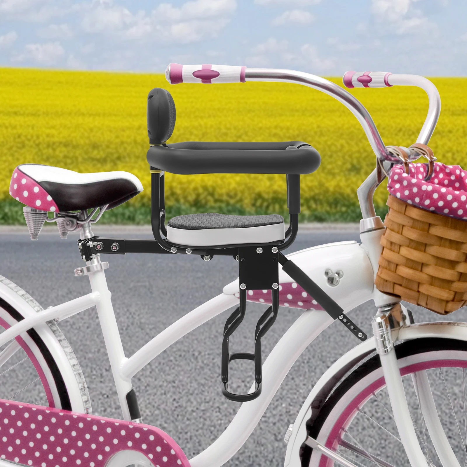 Front-Mounted Steel Child Bike Seat, Adjustable Pedals, and Safety Handrail for Toddlers (1–5 Years)