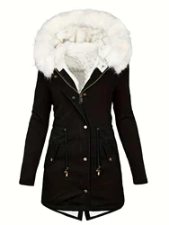 Faux Fur Woman Jacket Hooded Drawstring Parka Coat Zipper Front Pocket Warm Thick Snow Wear Thermal Overcoat Female Outwear