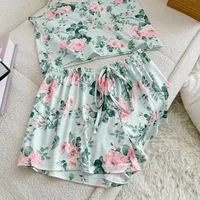 Pyjama décontracté pour femmes, vêtements de nuit sexy, imprimé, col rond, haut en soie glacée, ensembles T-Shirt et short, respirant, confortable, vêtements de maison 5