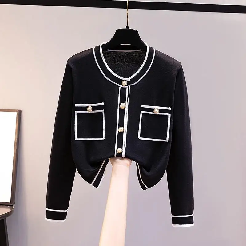 

Spring Women's Patchwork Round Neck Single Breasted Long Sleeved Knitted Sweater, Autumn Fashion Commuting Versatile Top