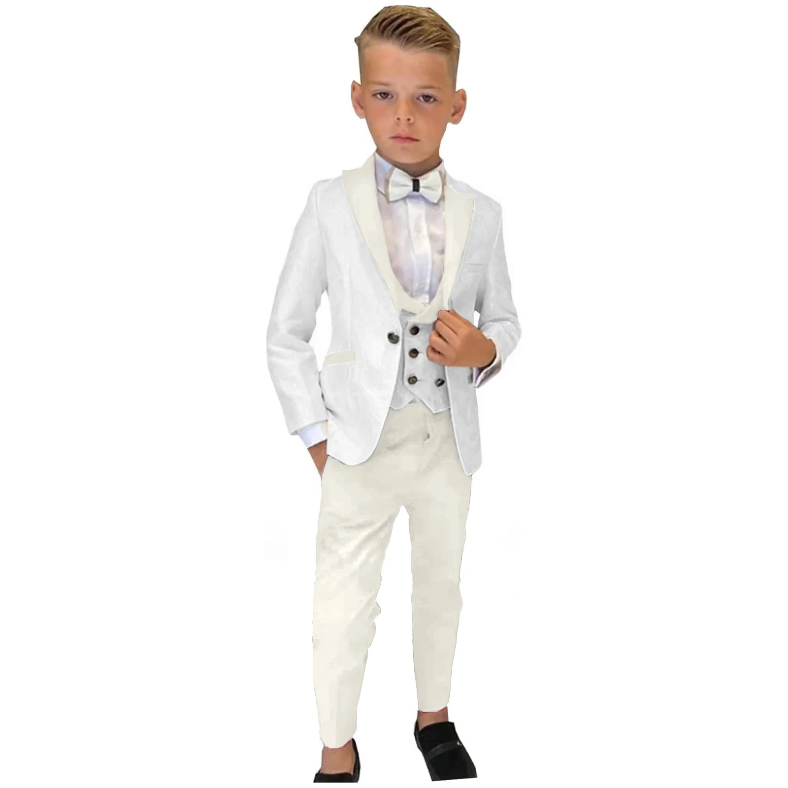 Beige Paisley Boy's Suit Set Wedding Guest Outfit For Kids Children Pantsuit Three Pieces Blazer Vest Pants Smart Stylish Tuxedo