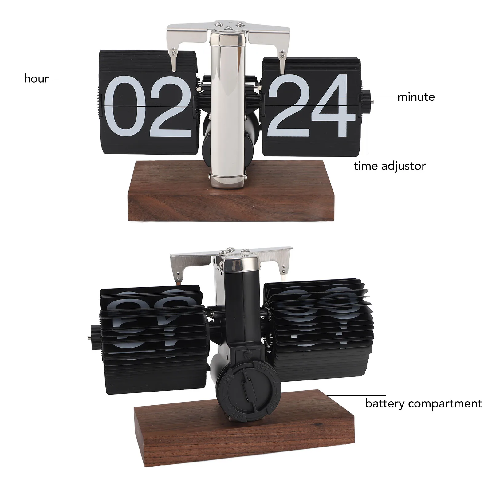 Flip Desk Clock Auto Mechanical Flip 24H Wood Base Stainless Steel Vintage Retro Digital Table Clock for Home Office