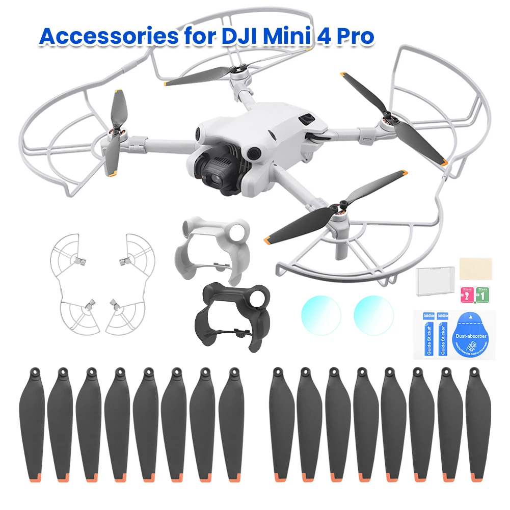 Lot d'accessoires pour drone DJI Mini 3/4 Pro incluant housse de protection et hélices de rechange.
