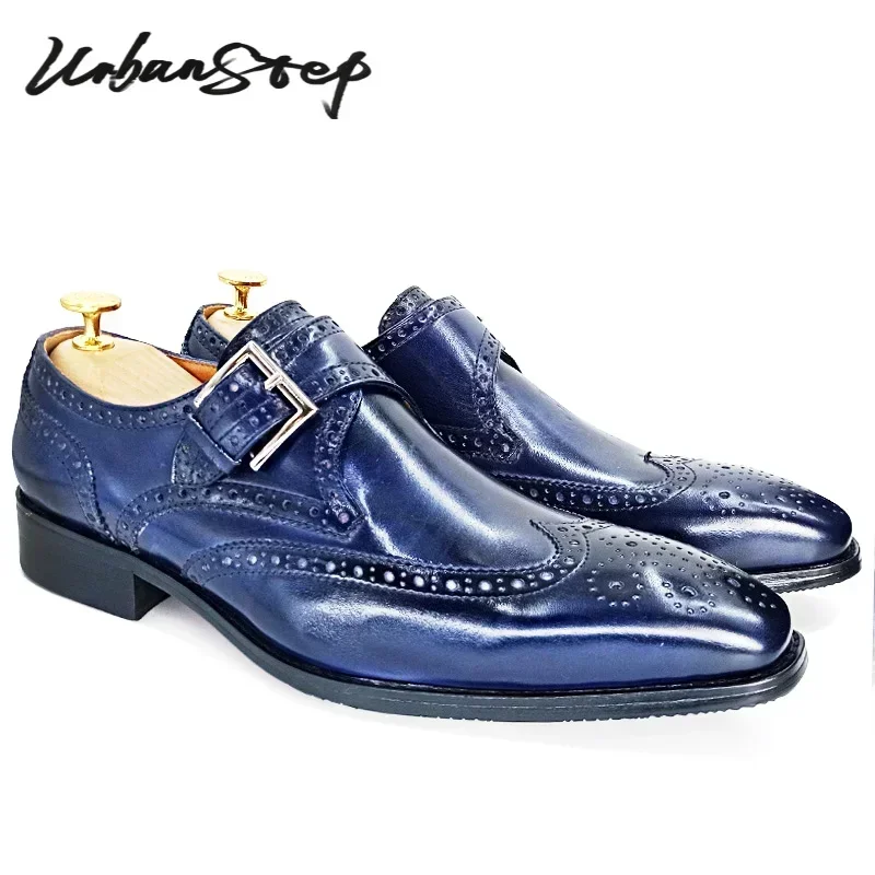 Luxury Casual Men Monk Strap Shoes Blue Black WingTip polishing Loafers Men Dress Shoes Wedding Office Leather men monk strap shoes