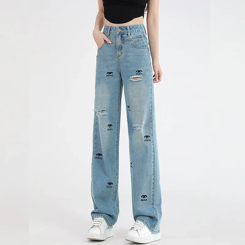 2024 New Korean Woman Casual Long Jeans Classic Girl Straight Denim Wide-leg Pants Solid Color Light Blue