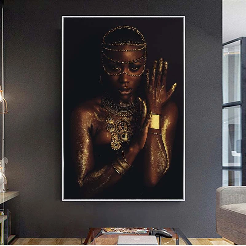 

Black and Gold Nude African Woman with Necklace Canvas Painting Posters and Print Scandinavian Wall Art Picture for Living Room