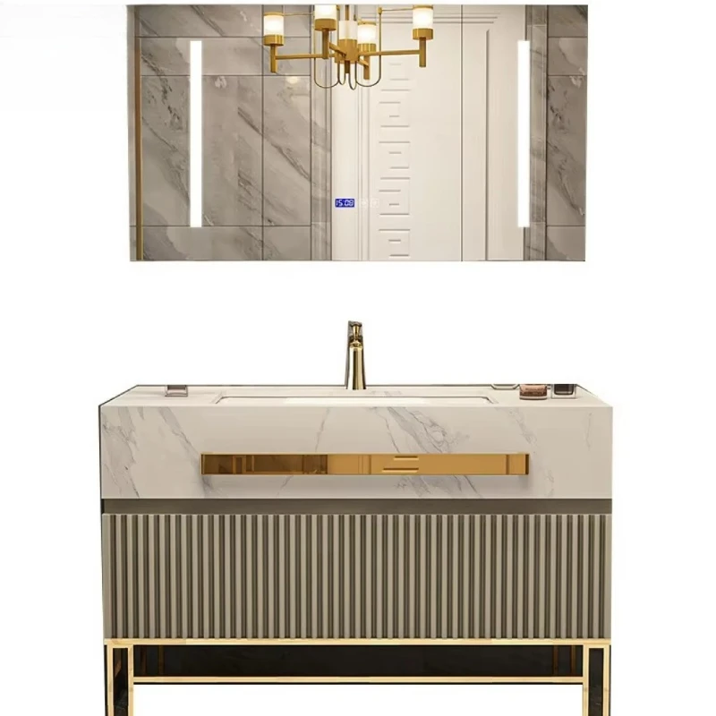 ตู้ห้องน้ำไม้โอ๊คเคลือบสีหรูหรา น้ำหนักเบา พร้อมอ่างล้างหน้าแบบตั้งพื้นถึงเพดานอัจฉริยะ 1