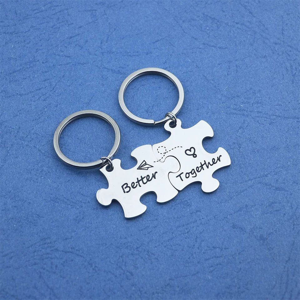 2 pezzi portachiavi puzzle in acciaio inossidabile coppie in metallo lettere incise portachiavi per donne uomini regalo di gioielli da sposa di San Valentino  36