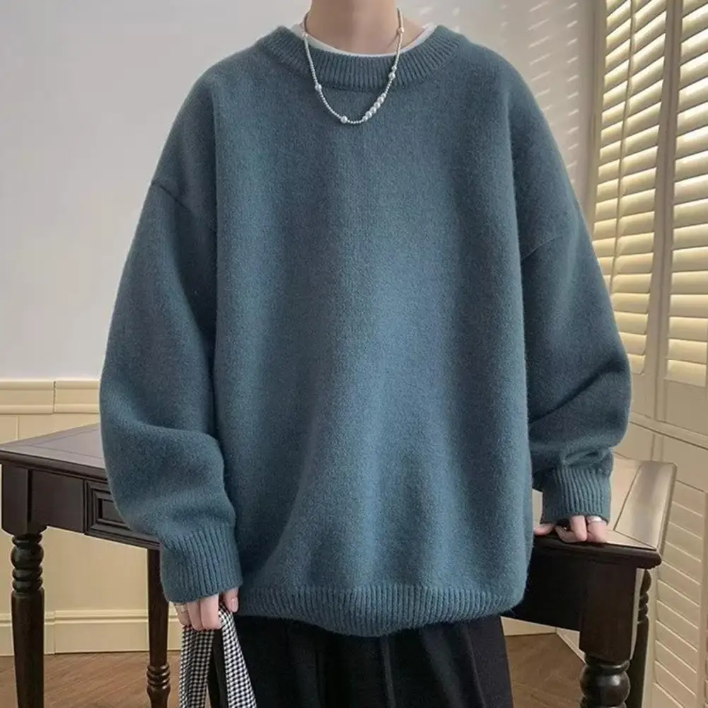 Casual Loose Fit Sweater Men's Solid Color Round Neck Sweater with Elastic Cuff Thick Soft Pullover for Fall Spring Casual Loose