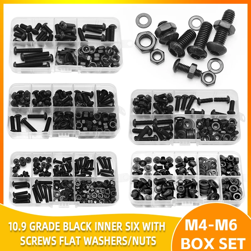 High Tensile 10.9 Grade Black Round Head Allen Bolts Set M4 M5 M6 Hex Screws, Nuts, Washers Kit for Heavy Duty DIY Projects