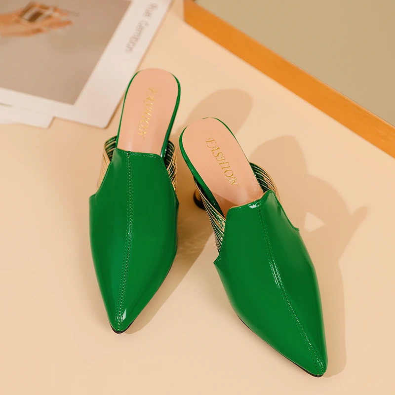 2023 New Party Slippers Pointed Toe Shoes Woman Elegant Shoes Women Black Green Metal Heel Outdoors Women's Modern Slippers