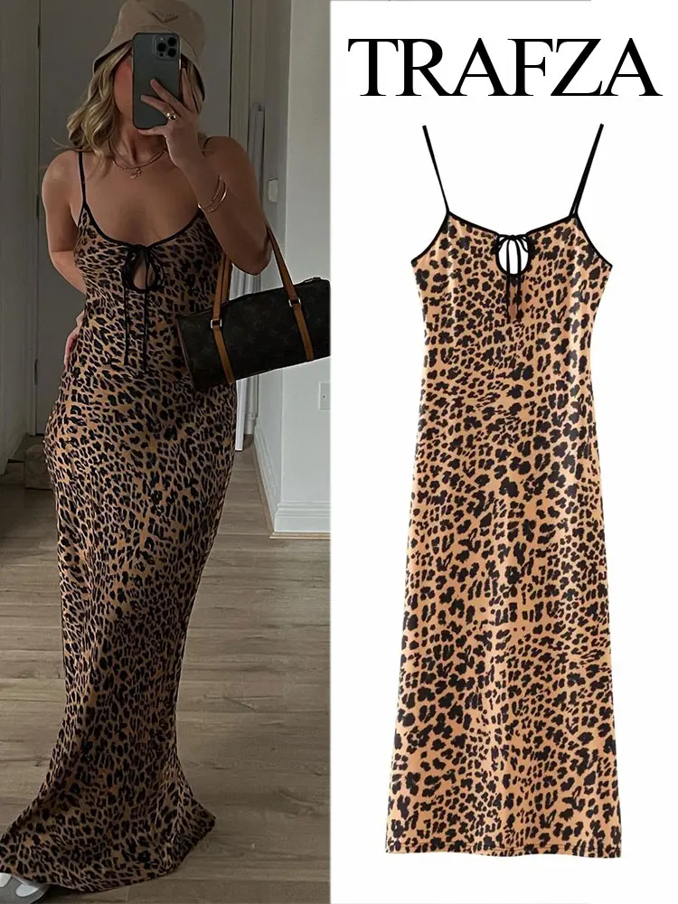 

TRAFZA Female Summer Chic Sexy Bodycon Leopard Print Sleeveless Slip Dress Woman New Vintage Hollow Out Backless Slim Dresses