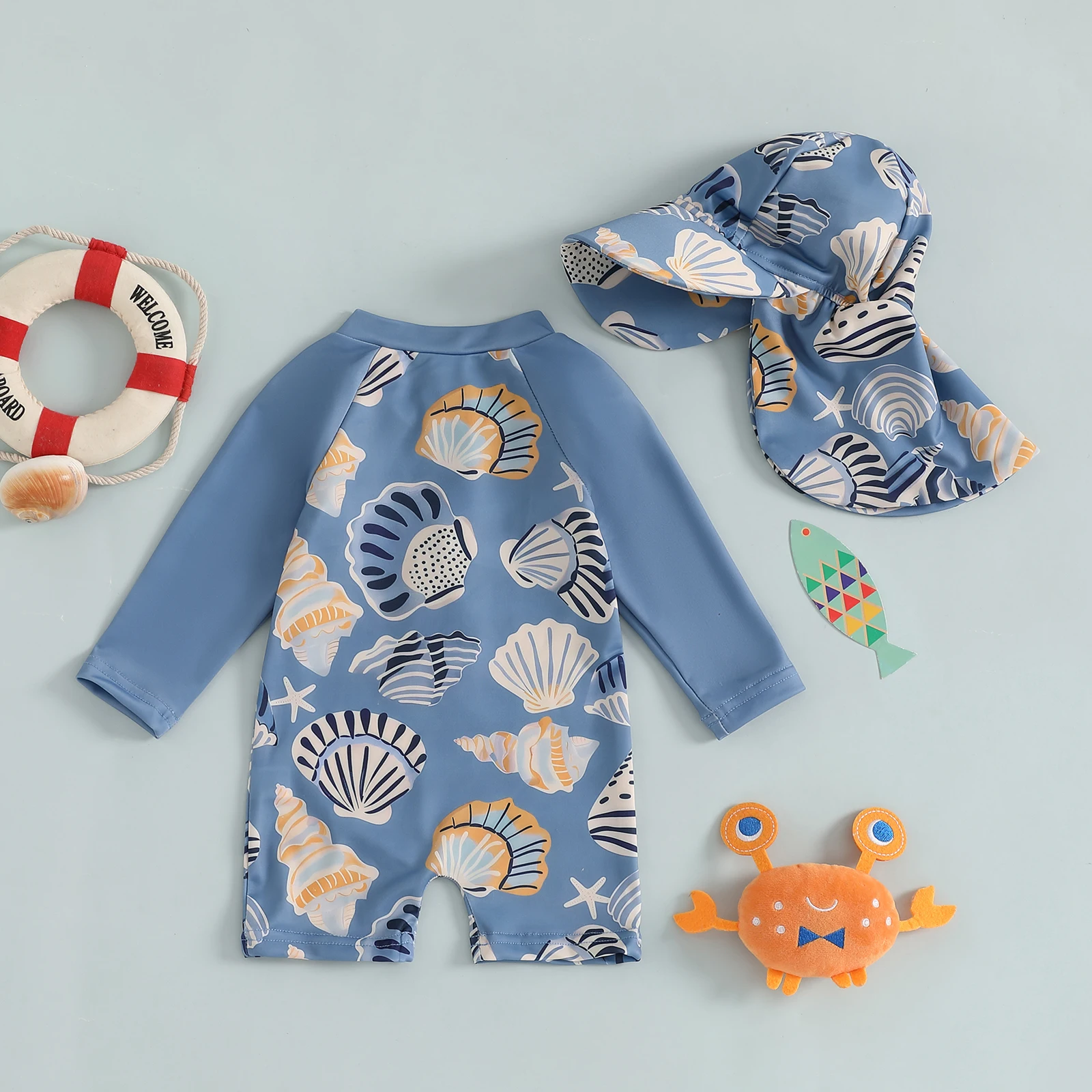 Infant Baby Boys Girls Rash Guard Children Cotton Seahorse Shell Pattern Zip Up Swimwear Toddler Long Sleeve Crew Neck Swimsuits