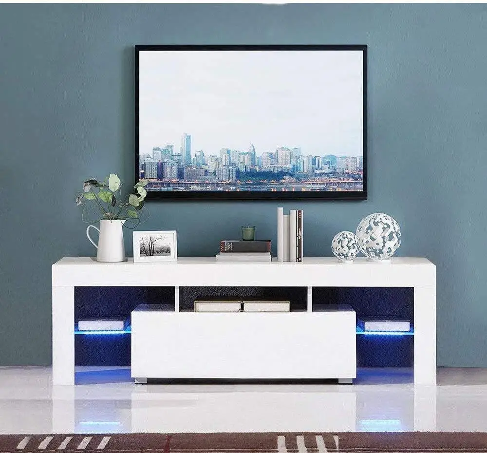 

51Inch High Gloss TV Unit Console Cabinet Stand w/ LED Light Shelves Livingroom