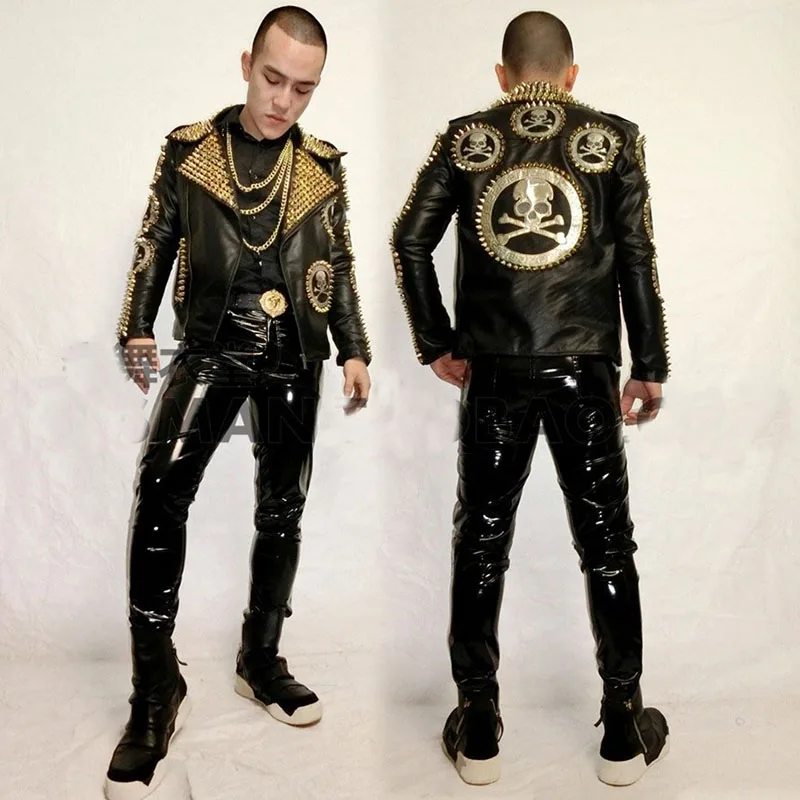 

Fashion Cool Rivets Skull Leather Men's Jacket Nightclub bar male singer DJ dance wear Stage show performance Handmade Coat