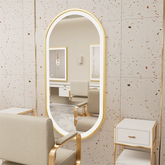 LUVODI Specchio da bagno illuminato a LED ovale di lusso con cornice in alluminio dorato con tappetino disappannante 4