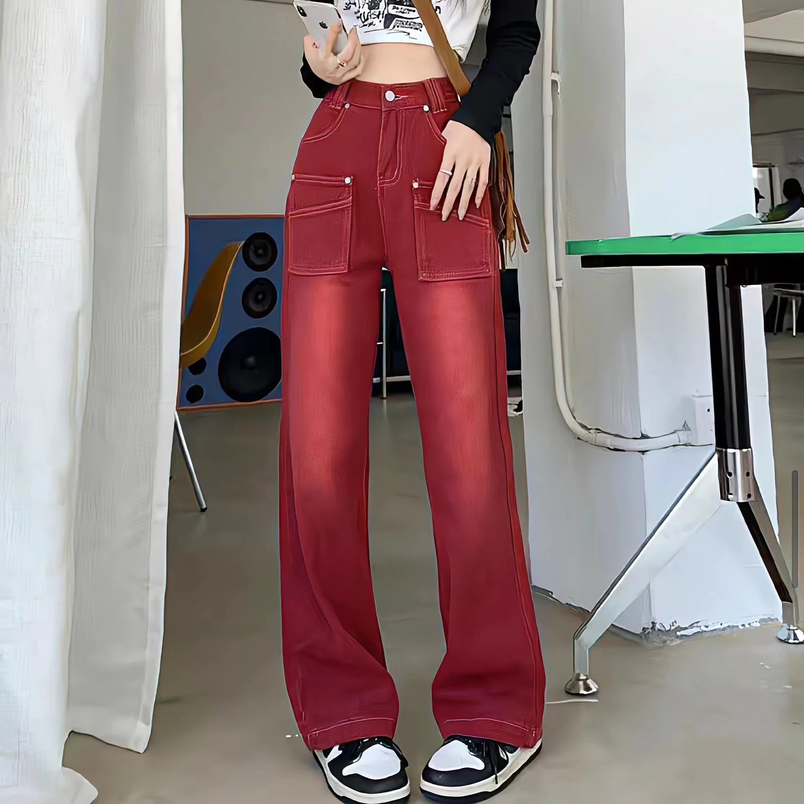 

Women High Waist Y2k Vintage Washed Distressed Wide Leg Mopping Denim Trousers American Casual Baggy Straight Jeans Fashion New