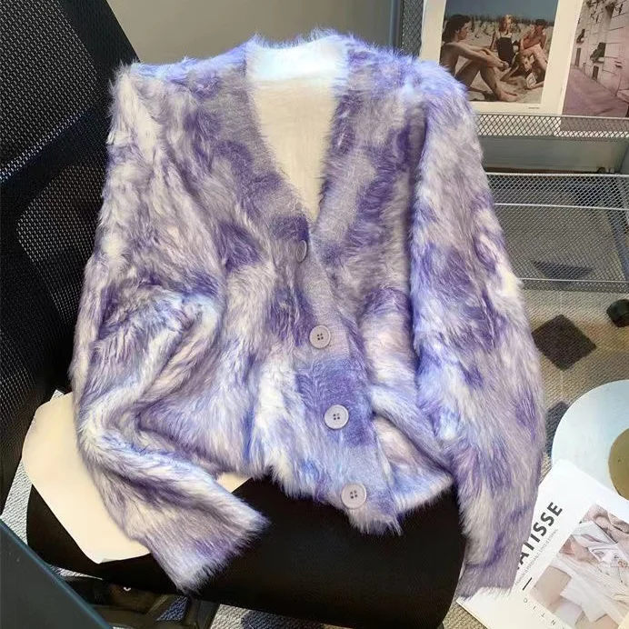 

Women's knitted sweater cardigan jacket loose soft fur vintage top autumn and winter tie dyed sweater