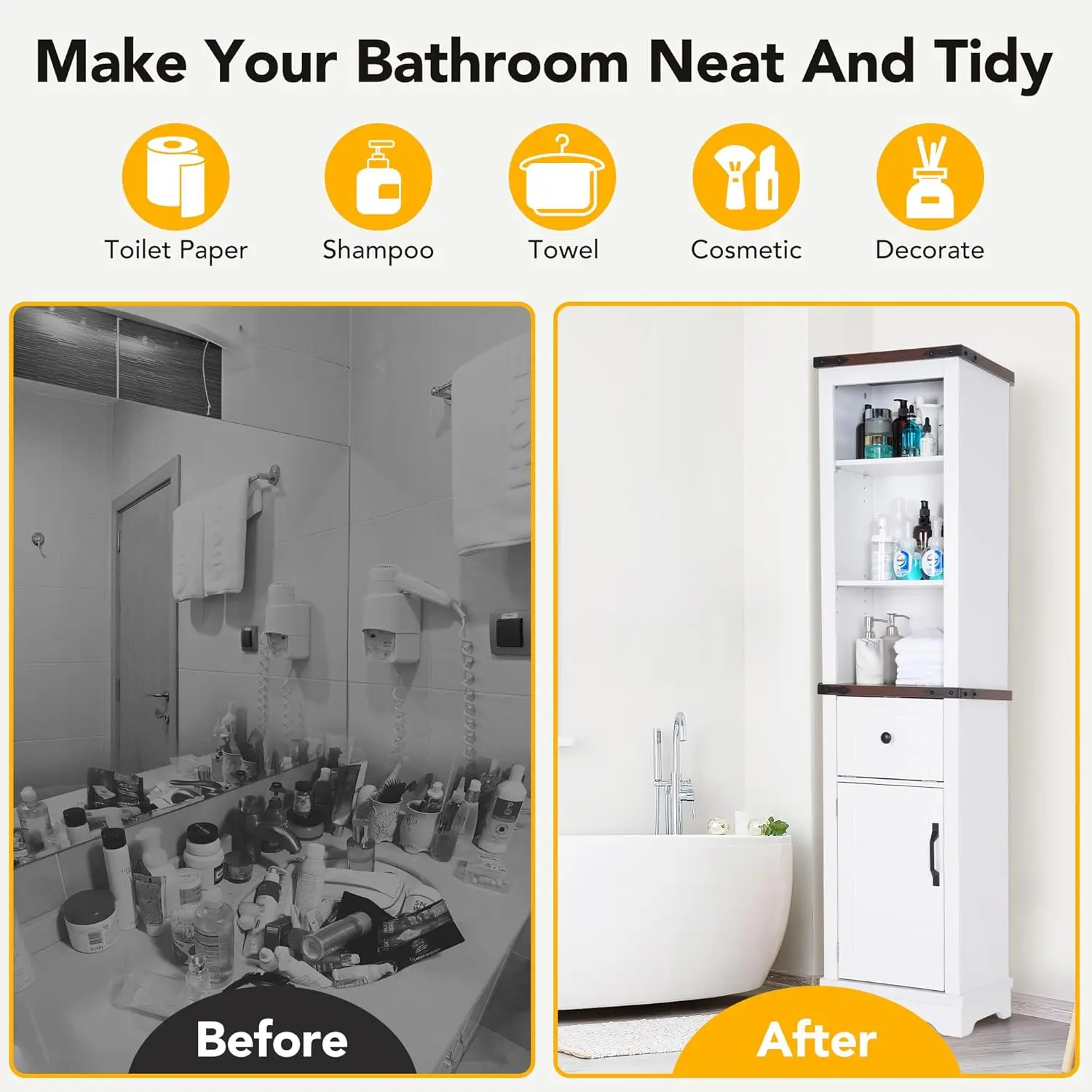 63 Inch Tall Bathroom Cabinet, Wood Storage Cabinets with 5 Shelves & Drawers, Space Saving Organizer, Slim Tall Cabinet