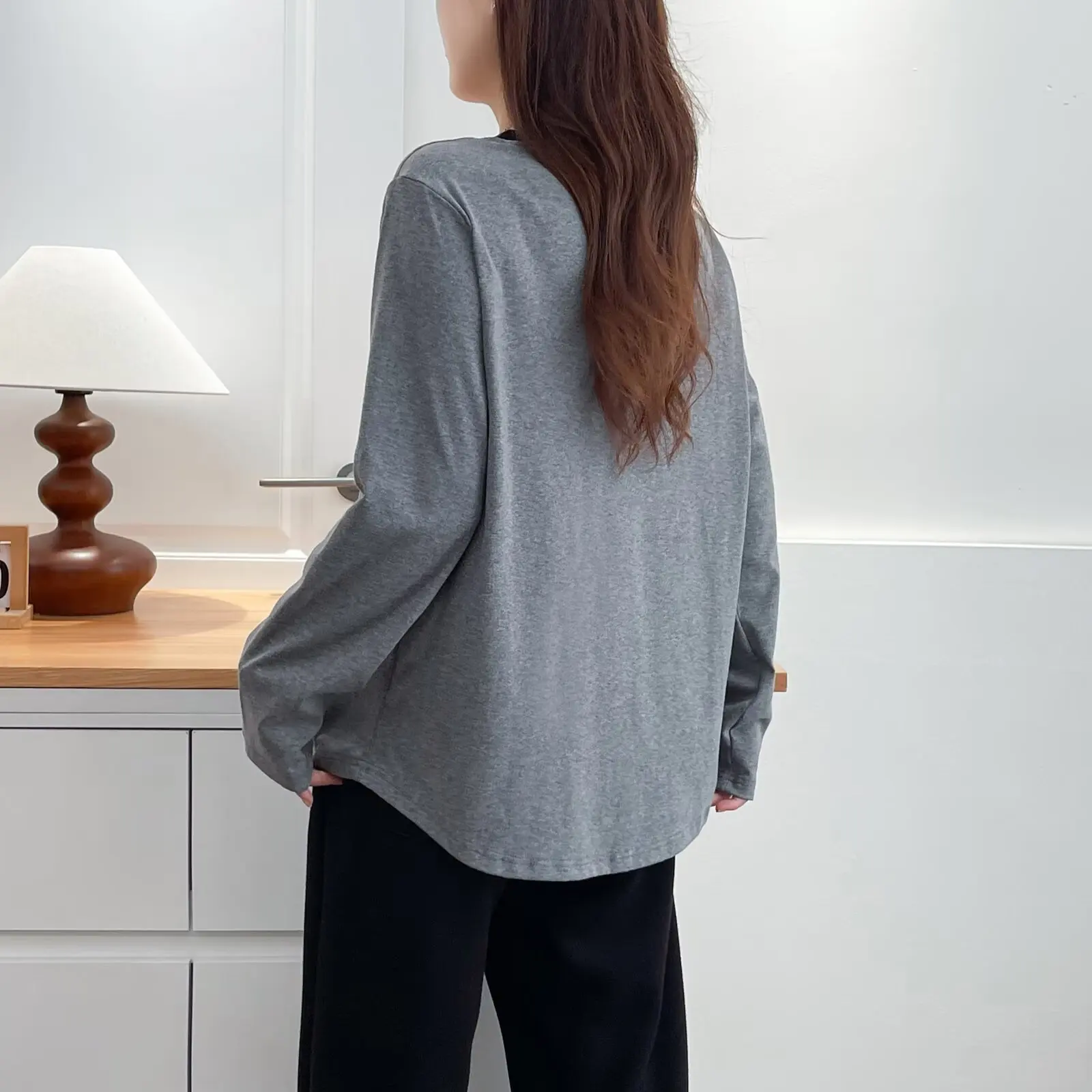 XXXXL Fashion Plus Size Women's T-Shirt Autumn New Simple Color Block Collar Printed Long Sleeved Tops 7036