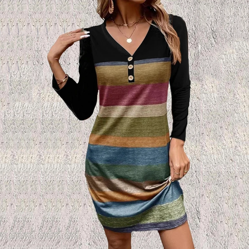 

Fashion Printing V-Neck Button Dress For Women 2023 Casual Slim Long Sleeve Mini Dresses Elegant Office Slim Higt Waist Dress