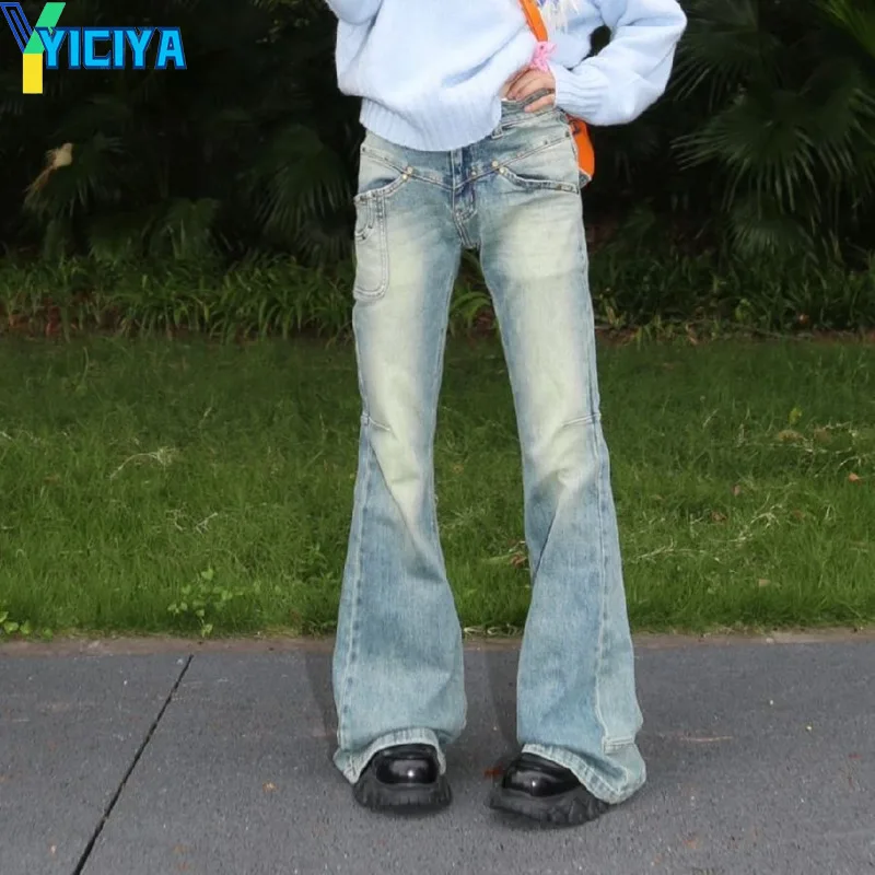 

YICIYA Y2K cargo Jeans Flare Pants blue Jean Trousers fashion Street Clothes Low waist Wide Leg 2024 Washed pant new outfits 90s