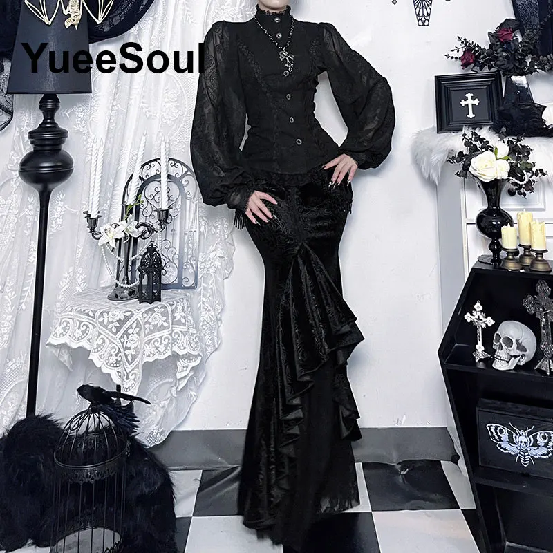 Black Skirts for Women 2000s Gothic Punk Dark Lolita Mini Skirt New Halloween Y2K Elegant Evening Party Club Harajuku Long skirt - Image 3