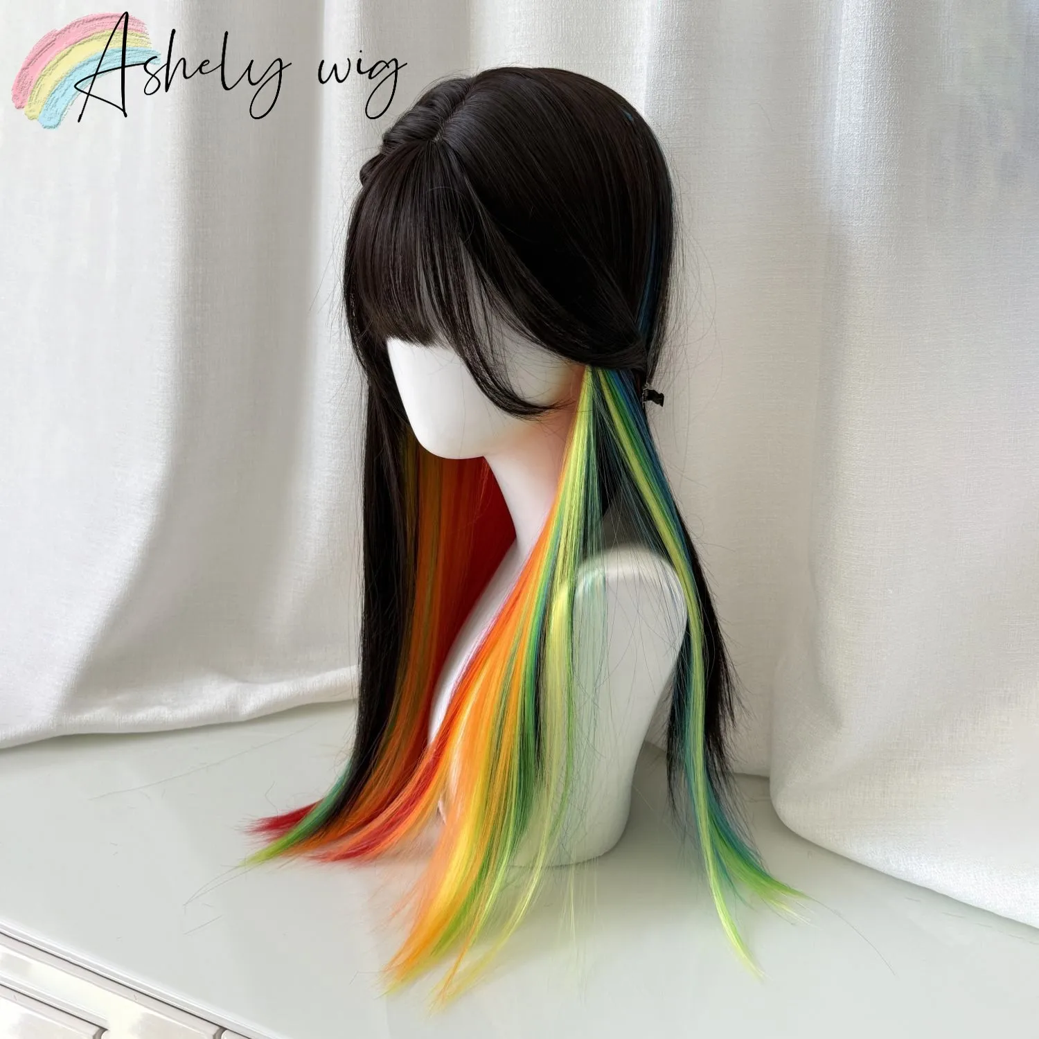 Ashely Colorful Wigs with Bangs 24inch Y2K Lolita Nature High Temperature Fibers Headband Synthetic Wigs for Cosplay Daily Use