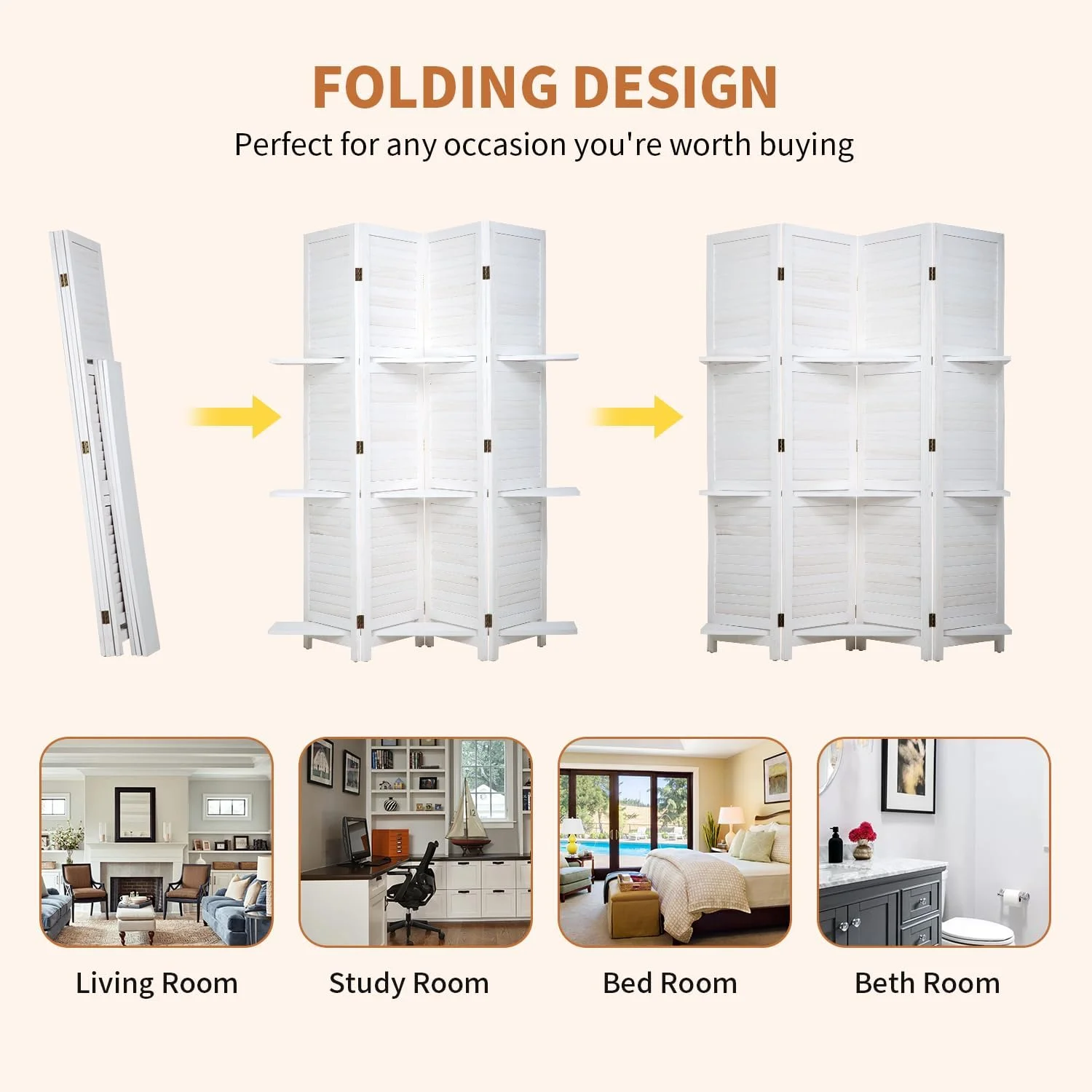 Room Divider 4 Panel Folding Wood 5.6 Ft Tall Privacy Screen Dividers Wall with Three Shelves Portable Partition (White)