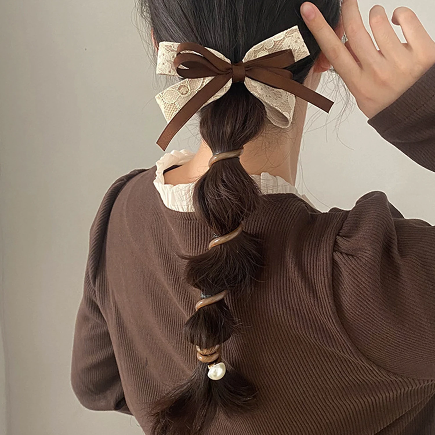 

Cute Bow Telephone Wire Hair Ties Women Girls Pearl Elastic Hair Bands Spiral Coil Rubber Bands Ponytails Hair Accessories Gifts