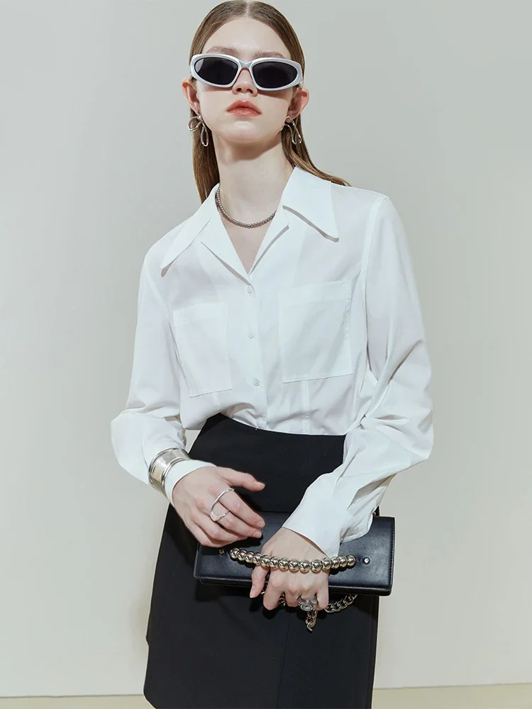 

FSLE Notched Neck Design Women Shirt Front Sleeve Comuuter Straight Blouse Double Pocket Women Pink Spring Shirts Top