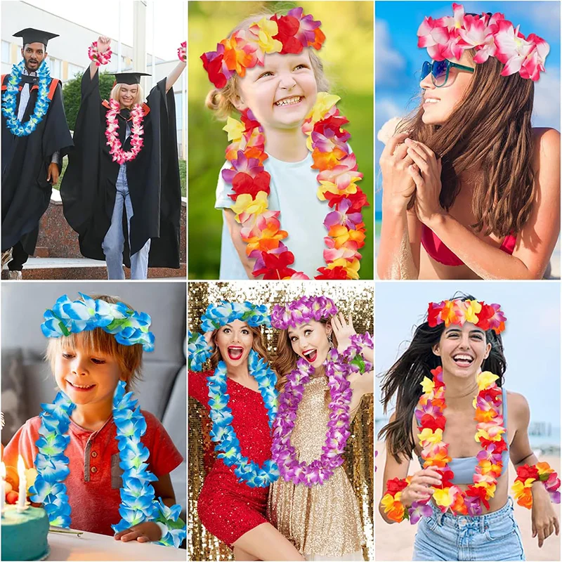 4Pcs/set Hawaiian Leis Garland Bracelets For Luau Summer Tropical Birthday Party Decoration Artificial Flower Wreath Necklace