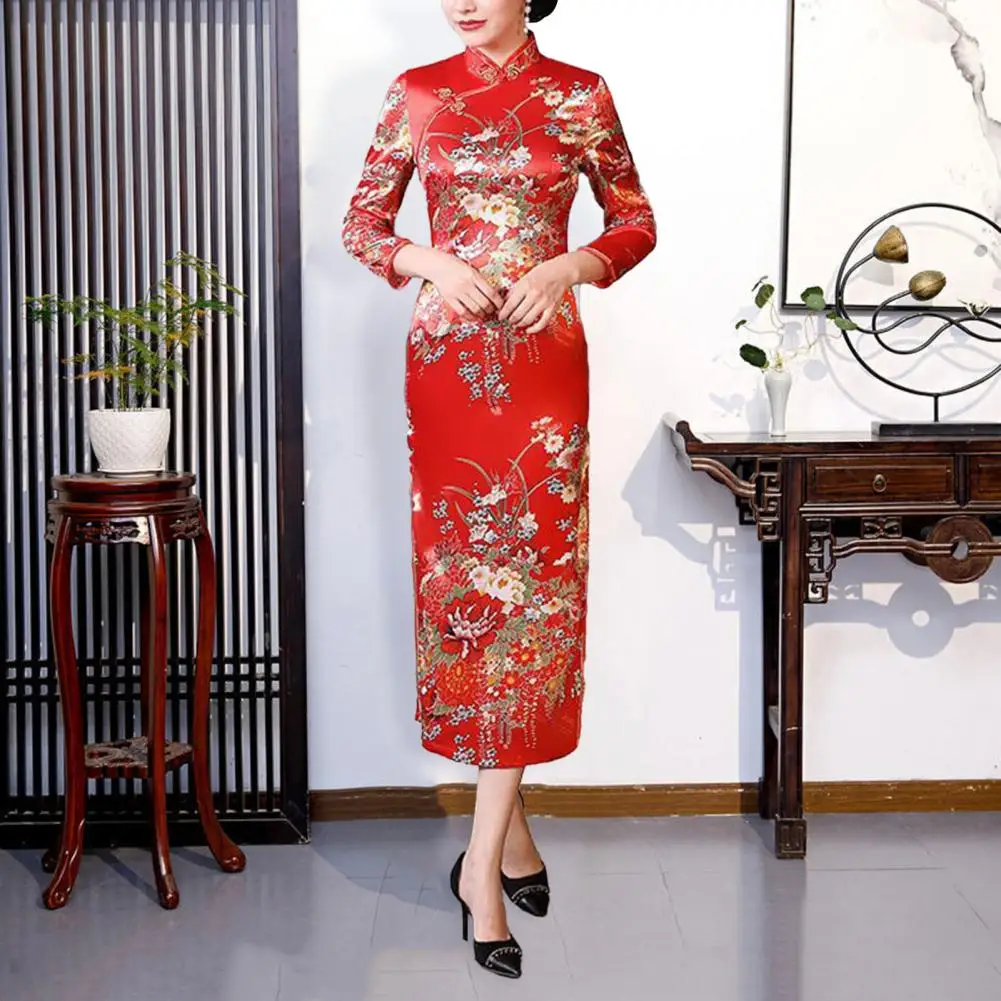 Women Dress Chinese National Style Three Quarter Sleeves High Side Split Cheongsam Satin Silky Slim Fit Summer Spring Qipao