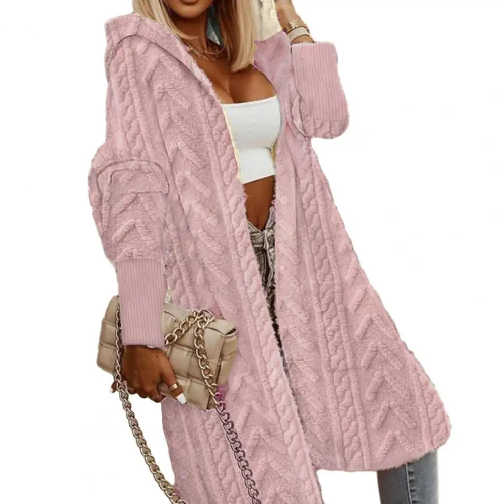 

Autumn Women Long Knitting Coat Hooded Long Sleeve Jacquard Texture Knee-length Sweater Cardigan Loose Outwear