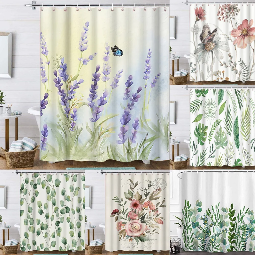 

Floral Butterfly Eucalyptus Shower Curtain Flowers Watercolor Blooming Botanical Leaves Garden Nature Fabric Bathroom Curtains