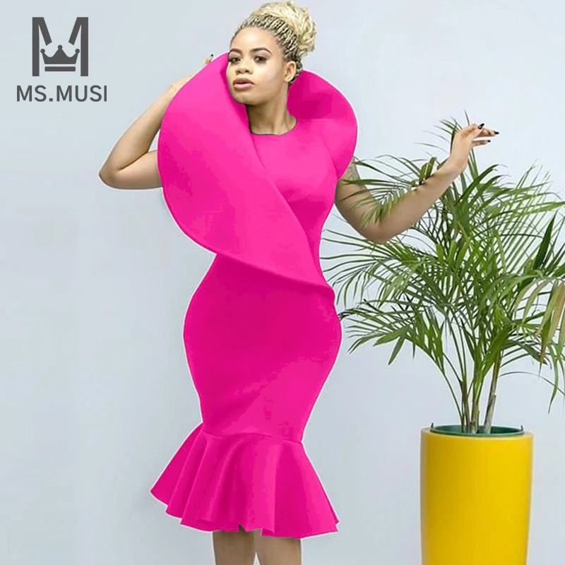 

MSMUSI 2023 New Fashion Women Sexy O Neck Falbala Ruffles Draped Fold Sleeveless Bodycon Party Club Event Midi Dress Vestidos