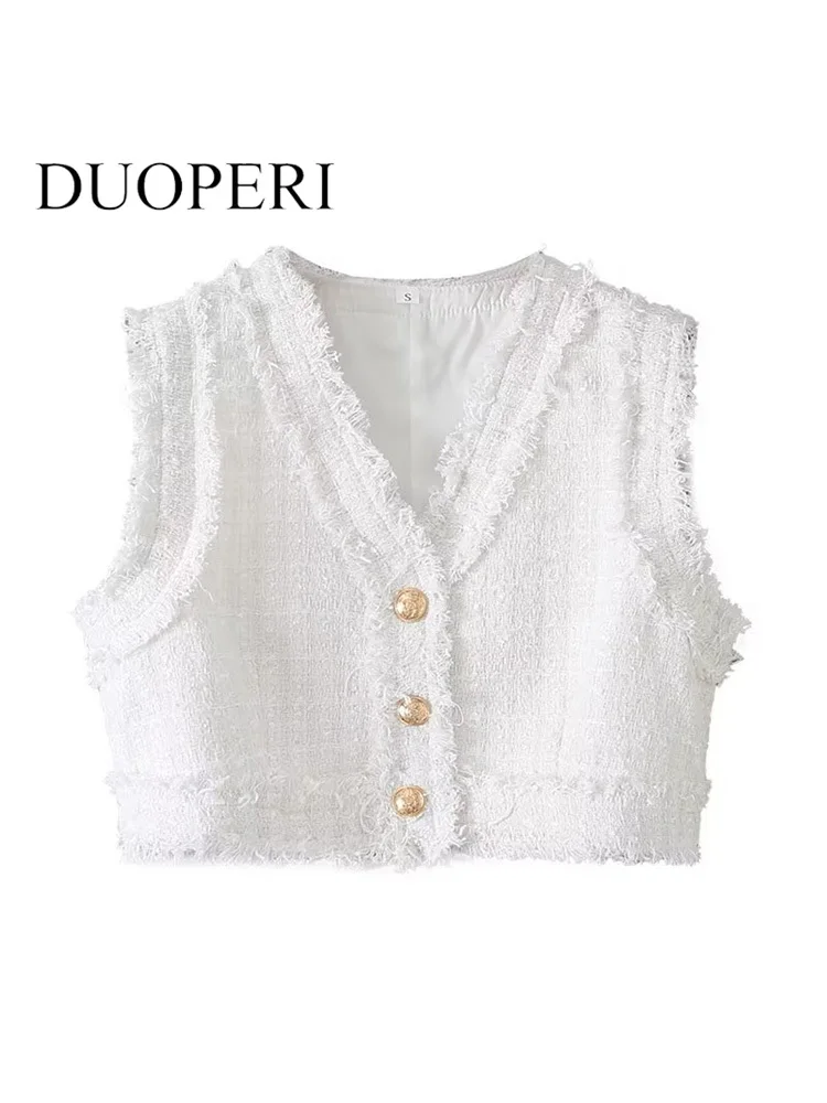 

DUOPERI Women Fashion White Single Breasted Vest Waistcoat Vintage V-Neck Sleeveless Female Chic Lady Tank Tops